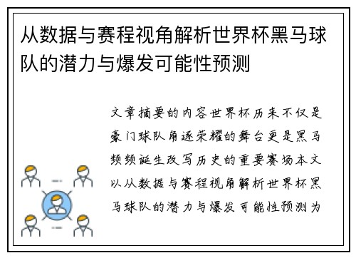 从数据与赛程视角解析世界杯黑马球队的潜力与爆发可能性预测 从数据与赛程视角解析世界杯黑马球队的潜力与爆发可能性预测
