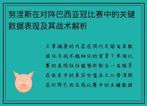 努涅斯在对阵巴西亚冠比赛中的关键数据表现及其战术解析 努涅斯在对阵巴西亚冠比赛中的关键数据表现及其战术解析